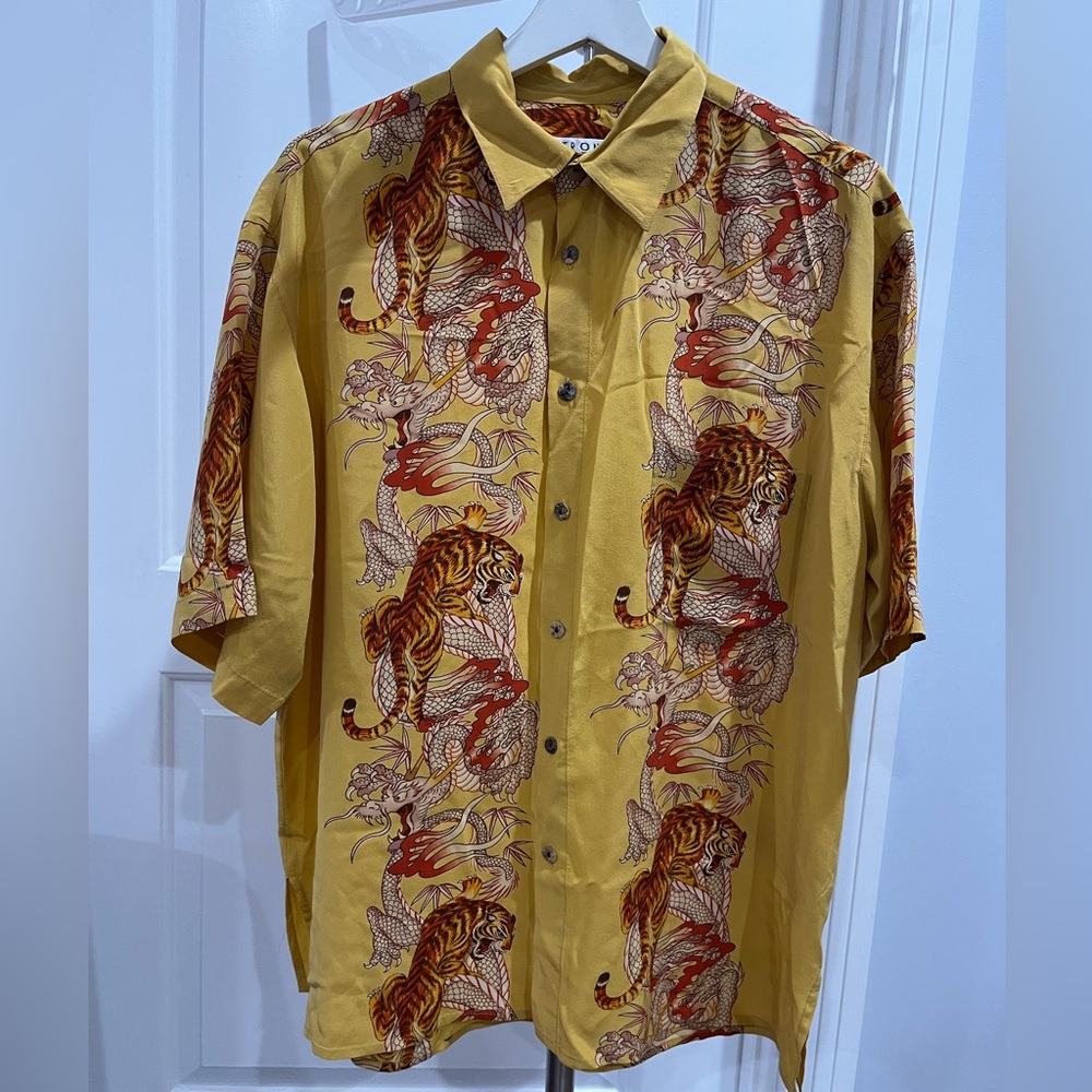 CITRON Santa Monica Men's Medium Silk Shirt Mustard Art Print Tigers DRAGONS